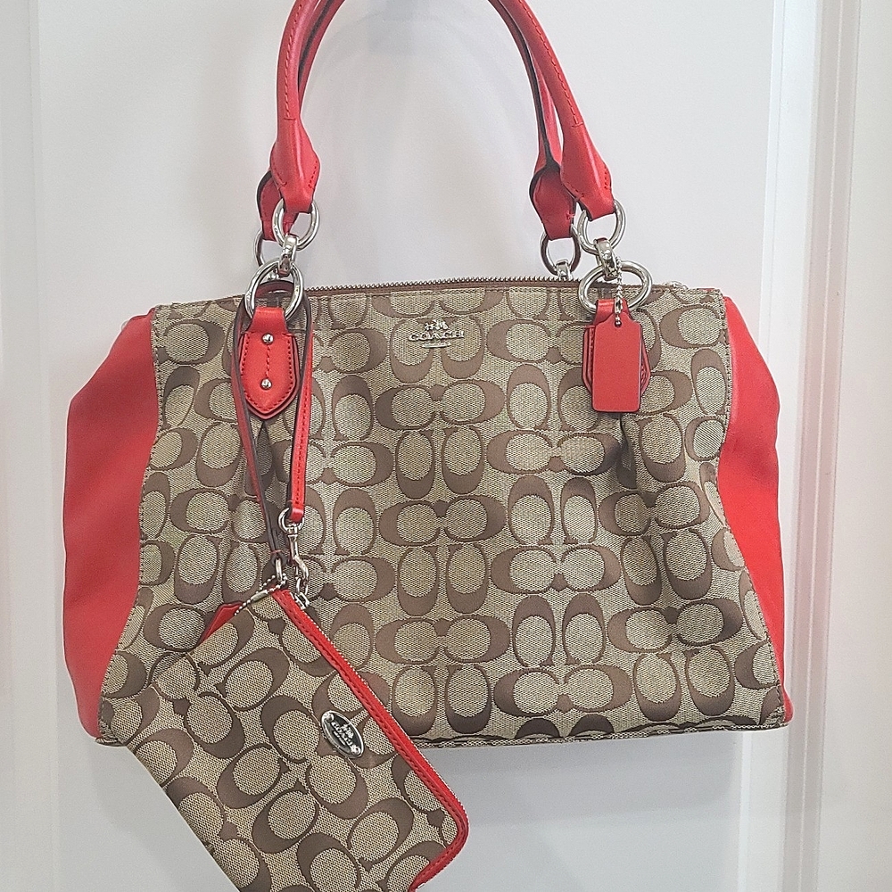 Coach Carryall Colette Khaki Canvas Red Leather Tan Tote & Matching Coin…